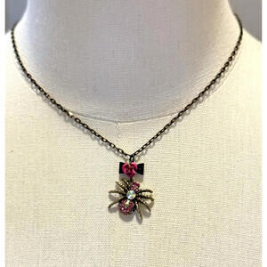 Betsey Johnson Creep It Real Spider Necklace Pink Rhinestone Rose Bow